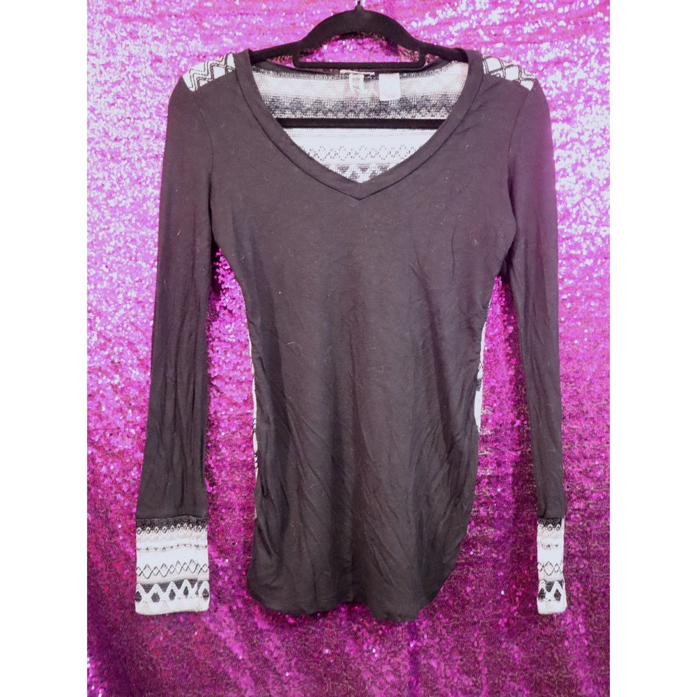 Black Mixed Media Top Small BKE Womens Geometric Knit Back V-Neck Long Sleeve